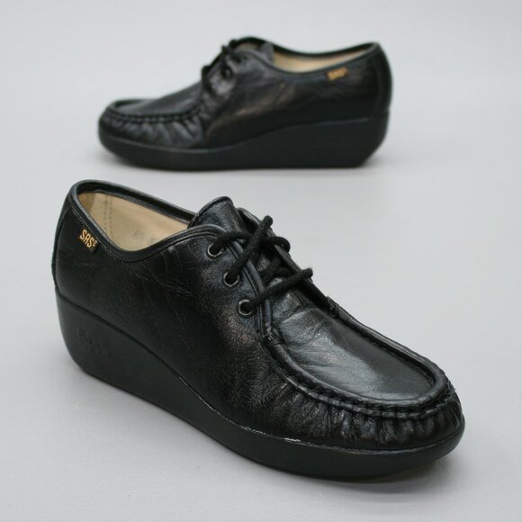 SAS Ladies 6.5 N Narrow Siesta Loafers Black Leather Comfort Wedge Moccasins USA - Picture 1 of 12
